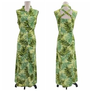 R&k Originals Green Palm Tree Leaf Print Sleeveless Criss-Cross Strappy Dress